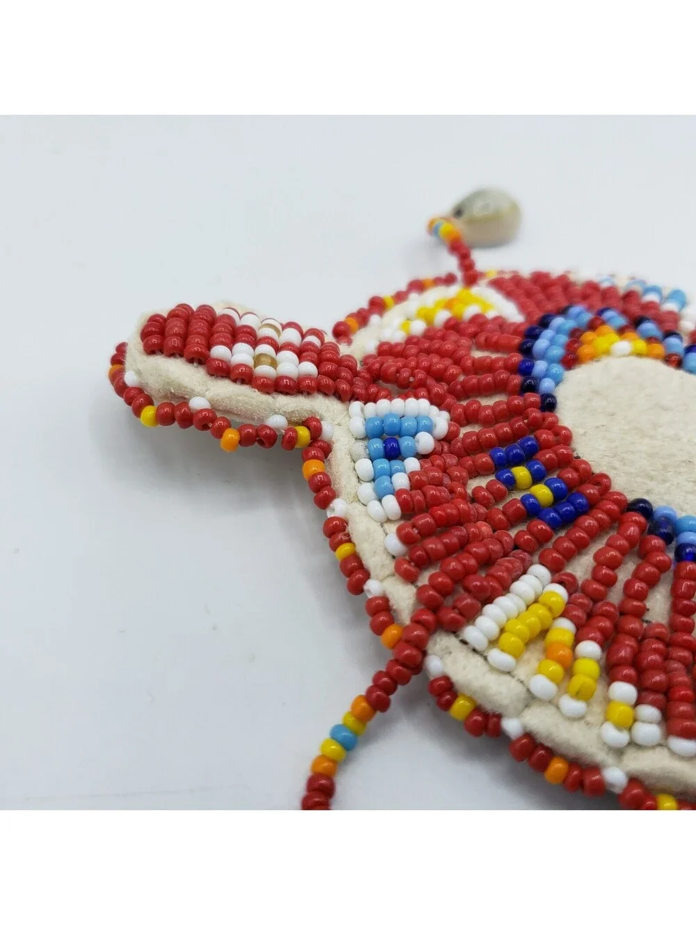 Native American Seed Bead Turtle Fetish Cowrie Shells Leather Red White Blue